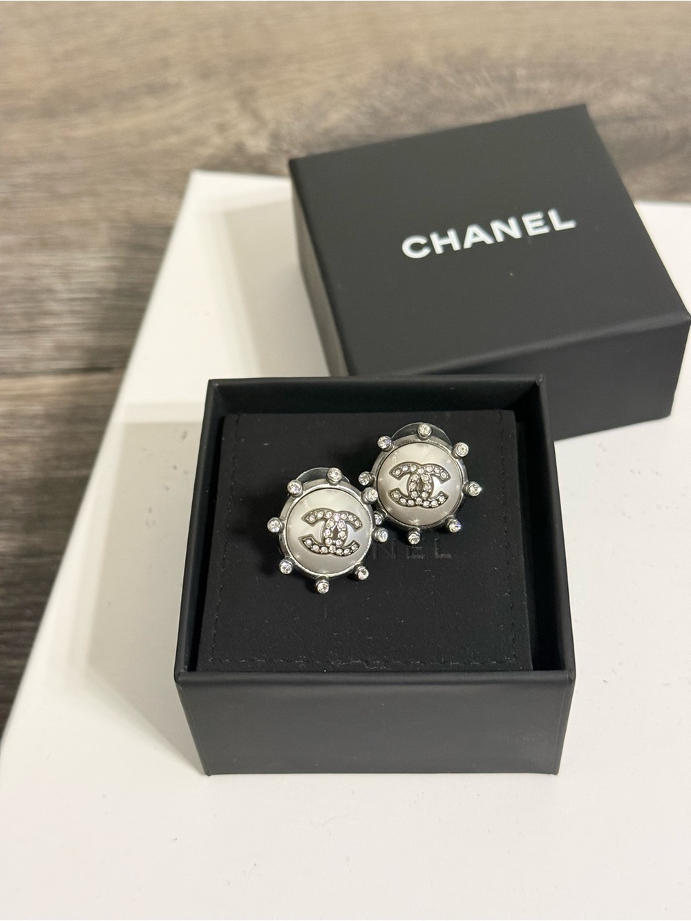 Chanel Crystal CC Silver Circle Stud Earrings